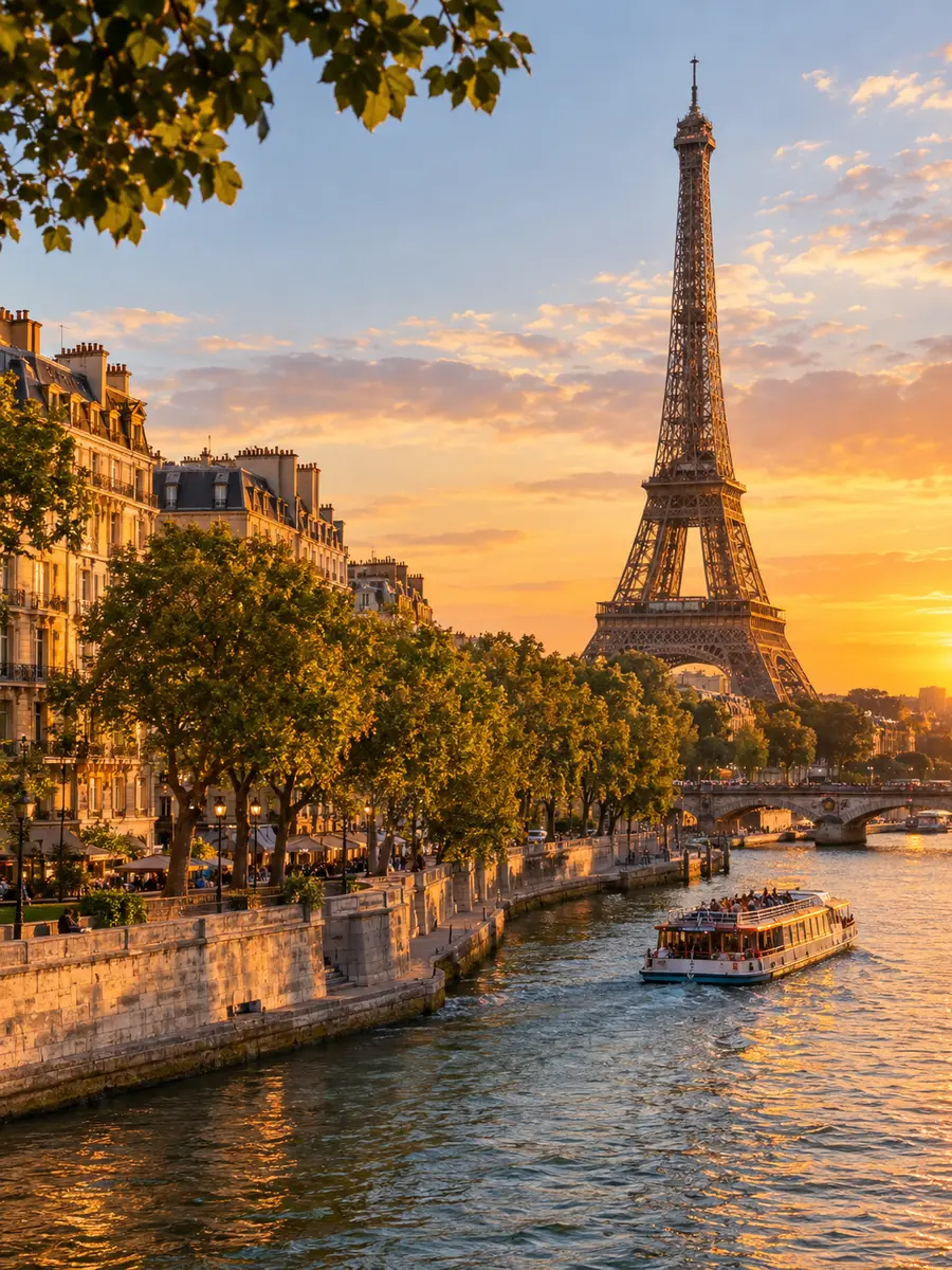 Tree-lined stone quays along the Seine at golden hour with the Eiffel Tower and a sightseeing boat