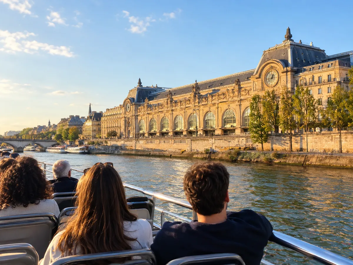 Passengers on an open upper deck of a boat passing the Musee d'Orsay in late afternoon sun
