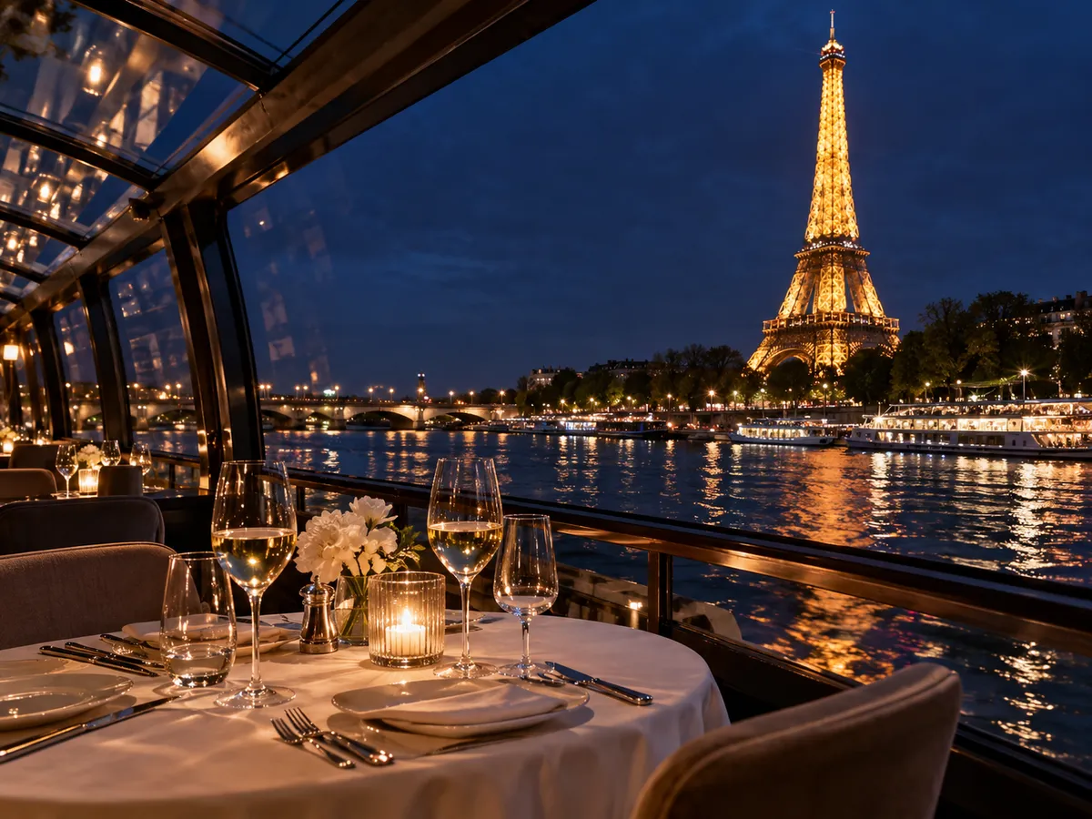 A candlelit table for two by the glass wall of a restaurant boat, with the lit Eiffel Tower across the river at night